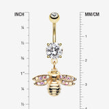 Detail View 1 of Golden Honey Bee Sparkle Dangle Belly Button Ring-Clear Gem