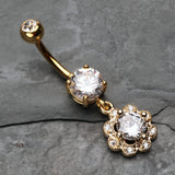 Detail View 2 of Golden Dazzling Flower Belly Button Ring-Clear Gem