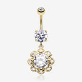 Golden Dazzling Flower Belly Button Ring-Clear Gem