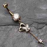 Detail View 2 of Golden Butterfly Heart Flower Sparkle Belly Button Ring-Clear Gem