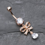 Detail View 2 of Rose Gold Romantic Bow-Tie Belly Button Ring-Clear Gem