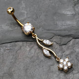 Detail View 2 of Golden Romantic Flower Belly Button Ring-Clear Gem