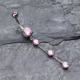 Detail View 2 of Triple Crystal Droplets Belly Button Ring-Pink