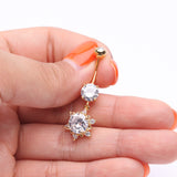 Detail View 3 of Golden Brilliant Starburst Sparkle Belly Button Ring-Clear Gem