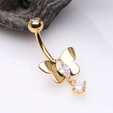 Detail View 2 of Golden Adorable Butterfly Sparkle Dangle Belly Button Ring-Clear Gem