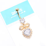 Detail View 4 of Golden Bubbly Heart Sparkle Bow-Tie Dangle Belly Button Ring-Clear Gem