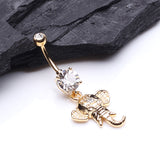 Detail View 2 of Golden Shri Ganesha Elephant Belly Button Ring-Clear Gem