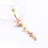 Detail View 2 of Golden Butterfly Elegance Sparkle Dangle Belly Button Ring-Clear Gem/Pink