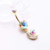 Detail View 2 of Golden Iridescent Sparkle Moon and Star Dangle Belly Button Ring-Aurora Borealis/Clear Gem