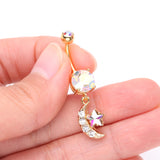 Detail View 3 of Golden Iridescent Sparkle Moon and Star Dangle Belly Button Ring-Aurora Borealis/Clear Gem