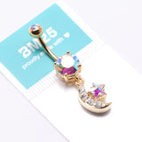 Detail View 4 of Golden Iridescent Sparkle Moon and Star Dangle Belly Button Ring-Aurora Borealis/Clear Gem