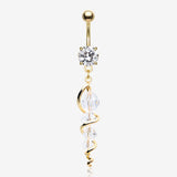 Golden Swirly Sparkle Spiral Chandelier Belly Button Ring-Clear Gem