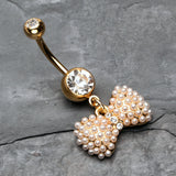 Detail View 2 of Golden Pearlescent Bow-Tie Sparkle Belly Button Ring-Clear Gem