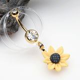 Detail View 2 of Golden Sunflower Blossom Belly Button Ring-Clear Gem