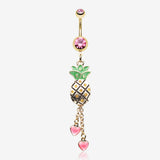 Golden Sparkle Pineapple Hearts Dangle Belly Button Ring-Pink