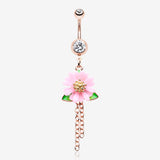 Golden Adorable Pink Daisy Sparkle Belly Button Ring-Clear Gem