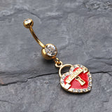 Detail View 2 of Golden Heart Lock Sparkle Belly Ring-Clear Gem/Red