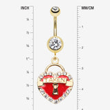 Detail View 1 of Golden Heart Lock Sparkle Belly Ring-Clear Gem/Red