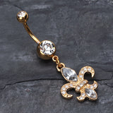Detail View 2 of Golden Fleur de Lis Belly Ring-Clear Gem
