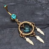 Detail View 2 of Golden Heart Hoop Dream Catcher Belly Ring-Teal