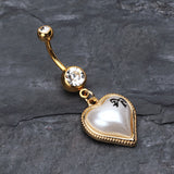 Detail View 2 of Golden Puffed Pearl Heart Ribbon Belly Ring-Clear Gem