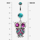Detail View 1 of Jeweled Sparkling Owl Dangle Belly Ring-Teal