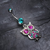 Detail View 2 of Jeweled Sparkling Owl Dangle Belly Ring-Teal