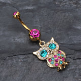 Detail View 2 of Golden Owl Sparkle Belly Ring-Fuchsia