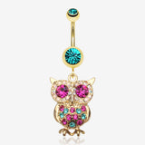 Golden Owl Sparkle Belly Ring-Teal