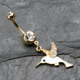 Detail View 2 of Golden Hummingbird Belly Button Ring-Clear Gem