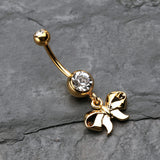 Detail View 2 of Golden Dainty Bow Tie Belly Button Ring-Clear Gem