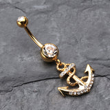 Detail View 2 of Golden Anchor Dock Belly Button Ring-Clear Gem