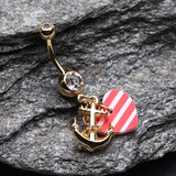 Detail View 2 of Golden Anchor Nautical Heart Belly Button Ring-Clear Gem/Red