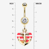 Detail View 1 of Golden Anchor Nautical Heart Belly Button Ring-Clear Gem/Red
