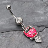 Detail View 2 of Sweet Blossom Owl Belly Button Ring-Clear Gem/Pink