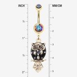 Detail View 1 of Golden Blossom Owl Belly Button Ring-Aurora Borealis/Black