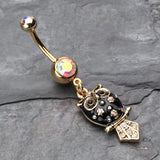 Detail View 2 of Golden Blossom Owl Belly Button Ring-Aurora Borealis/Black