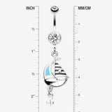 Detail View 1 of Classic Sail Boat Anchor Dangle Belly Button Ring-Clear Gem