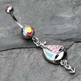 Detail View 2 of Classic Sail Boat Anchor Dangle Belly Button Ring-Pink/Aurora Borealis
