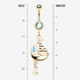 Detail View 1 of Golden Sail Boat Anchor Dangle Belly Button Ring-Aqua/Aurora Borealis