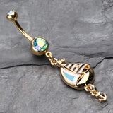 Detail View 2 of Golden Sail Boat Anchor Dangle Belly Button Ring-Aqua/Aurora Borealis