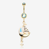 Golden Sail Boat Anchor Dangle Belly Button Ring-Aqua/Aurora Borealis