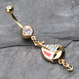 Detail View 2 of Golden Sail Boat Anchor Dangle Belly Button Ring-Clear Gem