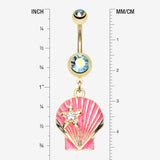 Detail View 1 of Ariel's Shell Dangle Belly Button Ring-Aqua/Aurora Borealis