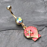 Detail View 2 of Ariel's Shell Dangle Belly Button Ring-Aqua/Aurora Borealis