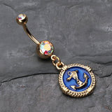 Detail View 2 of Golden Marine Anchor Rivet Belly Button Ring-Aurora Borealis