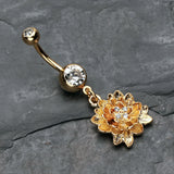 Detail View 2 of Golden Divine Lotus Belly Button Ring -Clear Gem