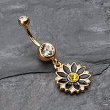 Detail View 2 of Golden Daisy Blossom Flower Belly Button Ring-Clear Gem/Black