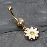 Detail View 2 of Golden Daisy Blossom Flower Belly Button Ring-Clear Gem/White