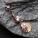 Detail View 2 of Rose Gold Ariel's Shell Dangle Belly Button Ring-Clear Gem